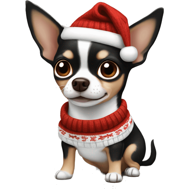 Black, white and brown chihuahua with floppy ears and Christmas sweater emoji