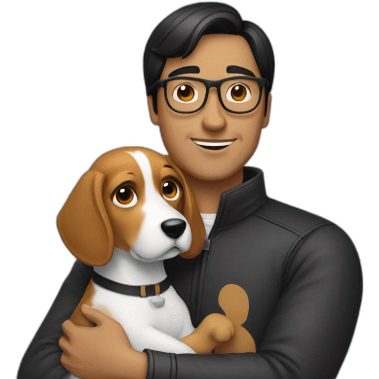 A man with black-hair and glasses hugging a beagle emoji