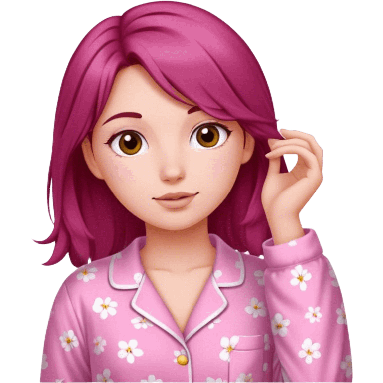 A beautiful, burgundy haired girl wearing pink pajamas emoji