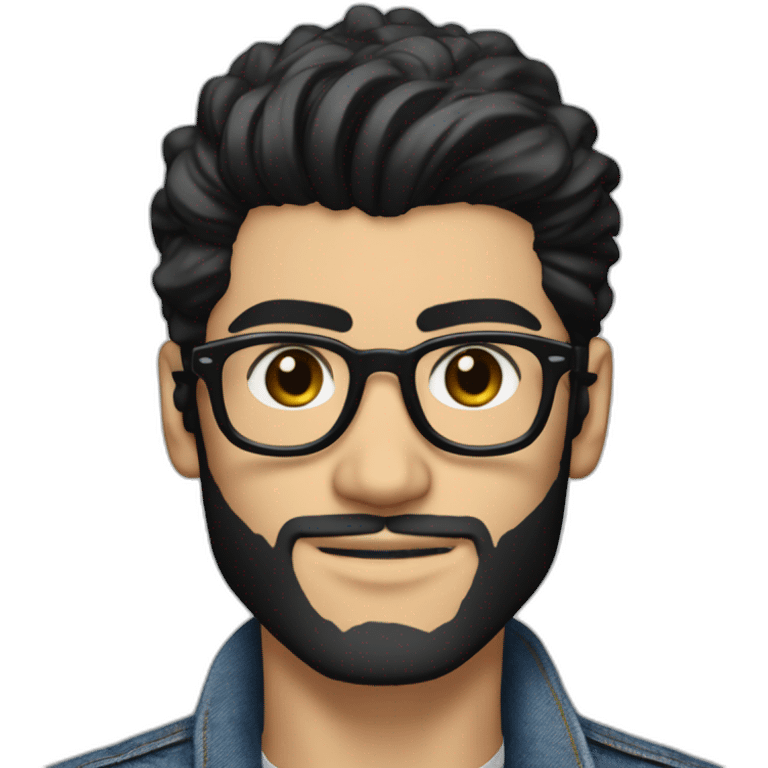 Generate an image of Zayn Malik looking effortlessly cool in a jean jacket, his black beard and hair impeccably styled, and donning a pair of trendy spectacles. emoji