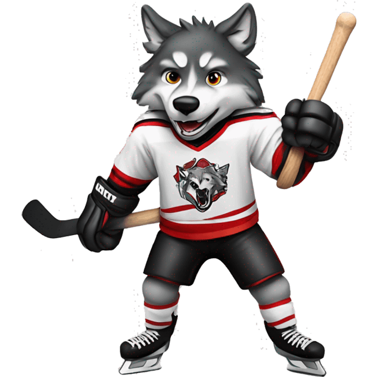 A wolf plays hockey in a black and white red uniform with a wolf emblem on his chest emoji