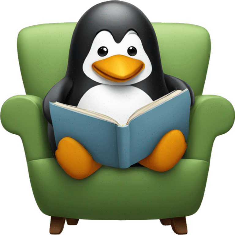 A penguin reading a book sitting on a cozy chair emoji