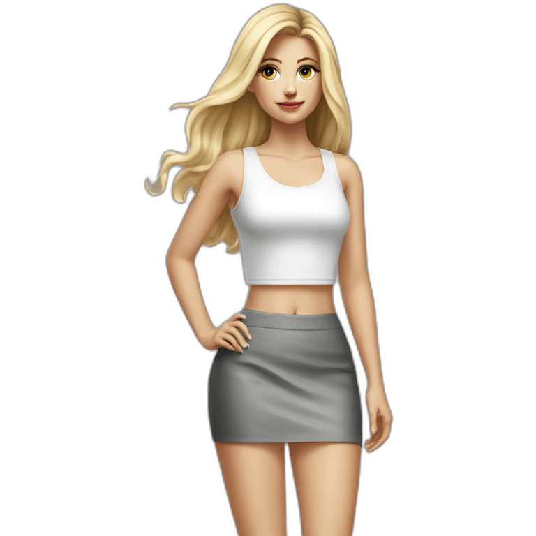 hyperrealist caucasian long blonde hair woman white crop tank top gray tight mini skirt black high heel shoes emoji