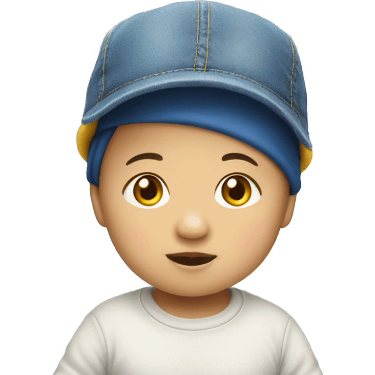 asian baby with yellow hat, blue jean emoji