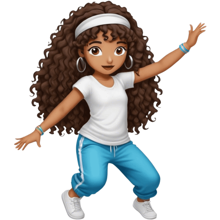 Dancing brown girl with long darn brown curly hair with headband hip hop emoji