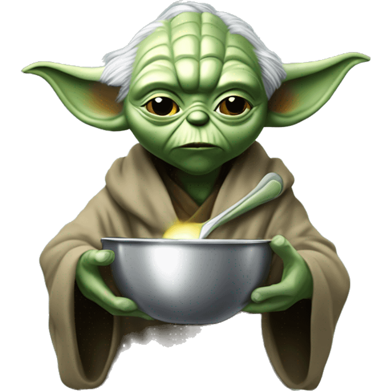 Yoda holding a silver spoon in front of his face heating the bottom With a lighted emoji