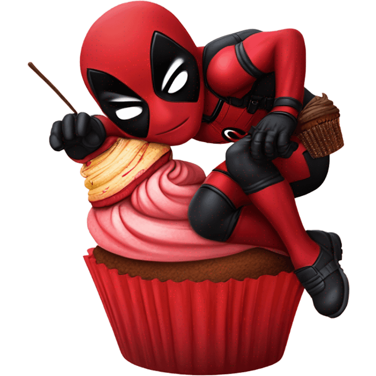 Deadpool riding a flying cupcake into a gas station emoji