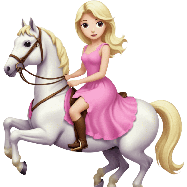 a blonde woman wearing pink dress and riding a white horse  emoji