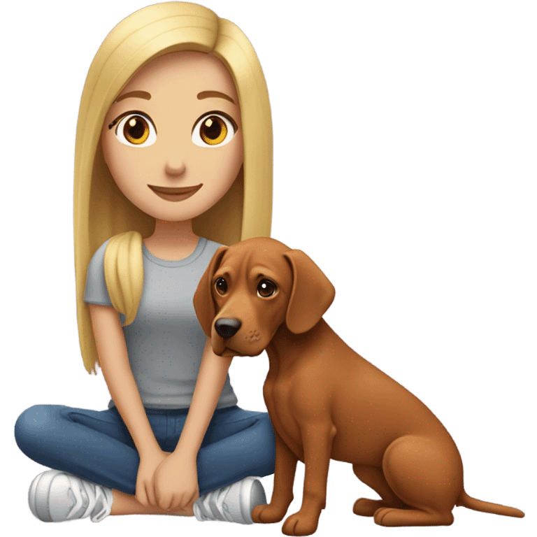 A girl with blonde hair with her vizla/ridgeback dog emoji