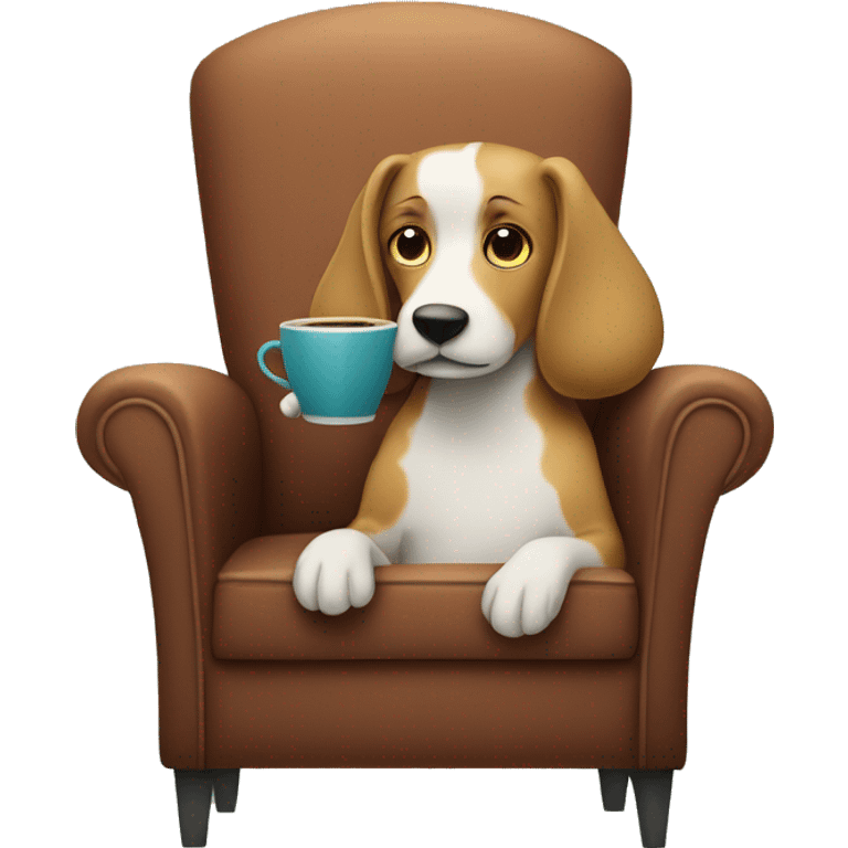 a dog with a long snout sitting on a chair holding a cup of coffee emoji