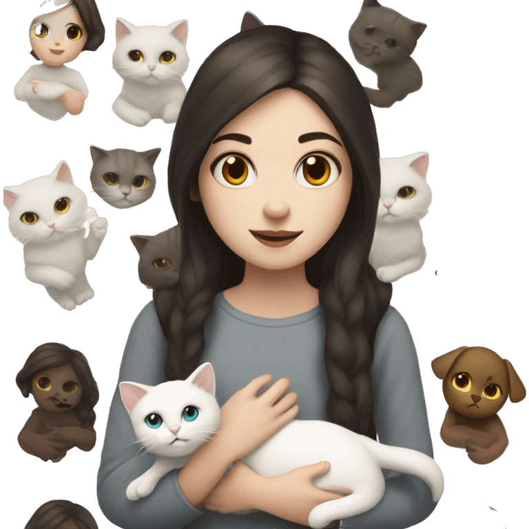 A pale girl with dark brown hair and dark brown eyes holds a white cat in her hands emoji