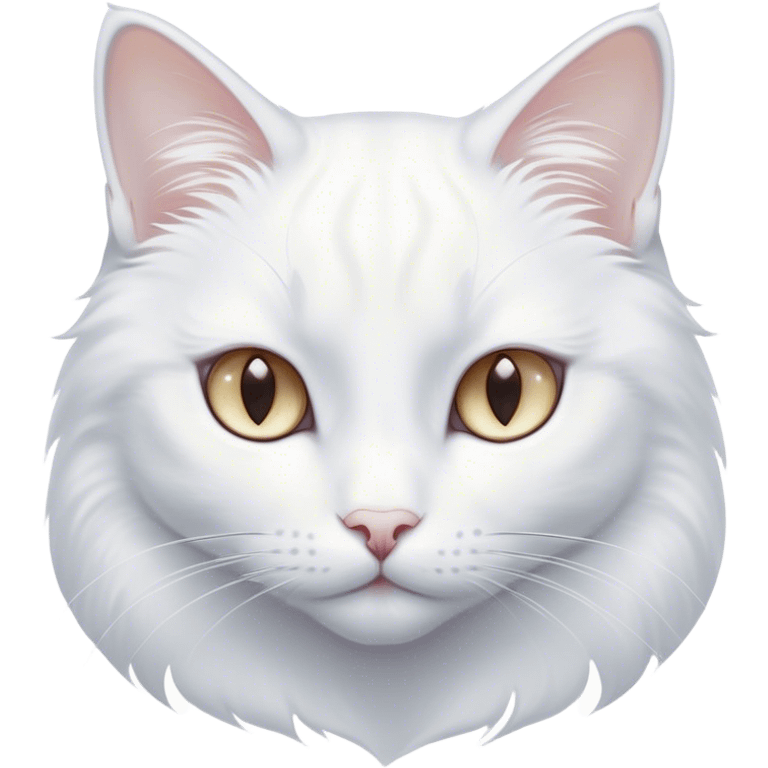 Cinematic Noble White Cat Portrait Emoji, Poised and stately, with a pristine, snow-white fur accented by delicate hints of silver, refined whiskers and a serene, focused gaze, simplified yet impeccably detailed, glowing with an ethereal radiance and timeless elegance, high shine, exuding calm intelligence and regal simplicity, soft glowing outline, capturing the essence of a noble white cat that radiates quiet majesty! emoji