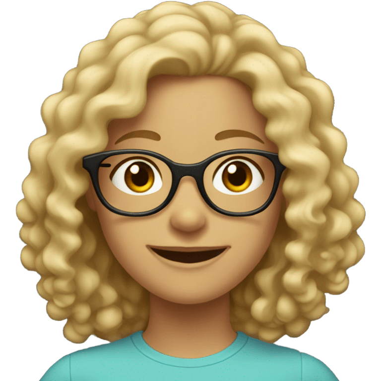 A blonde girl with curly hair up to her shoulders, wearing glasses, is smiling. emoji