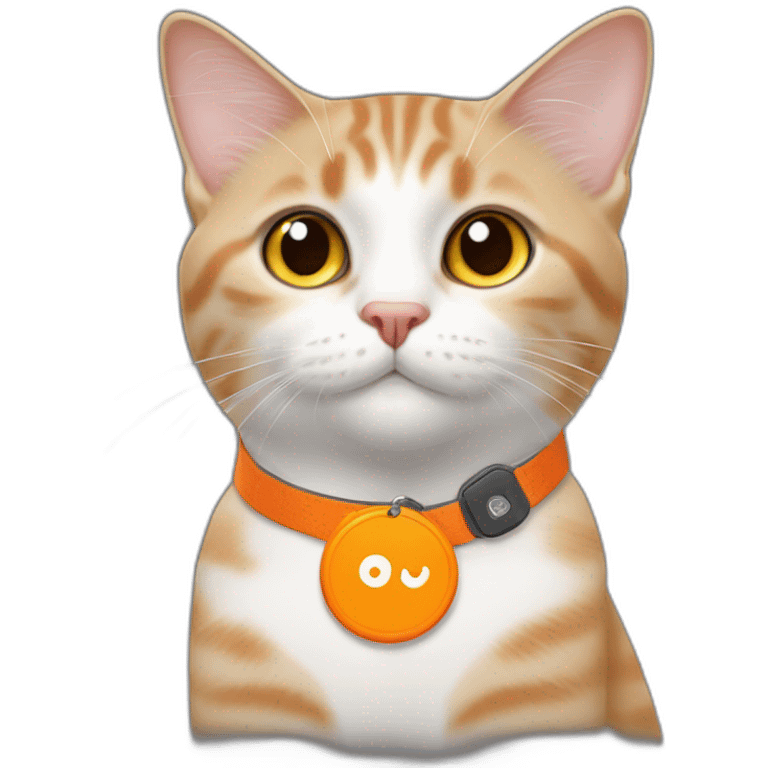 giner cat with orange colored neckband and an airtag emoji