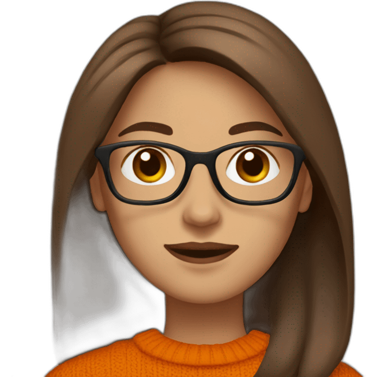 woman with white glasses with long straight brown hair waving wearing a dark orange sweater emoji