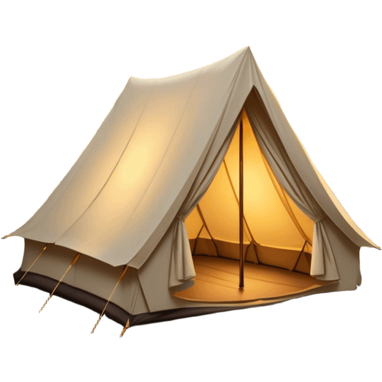 Cinematic Realistic Tent, a sturdy canvas tent nestled among tall trees, warm golden light spilling from inside, gentle folds in the fabric visible, glowing against the cool, dark forest backdrop, evoking a sense of adventure and comfort. emoji