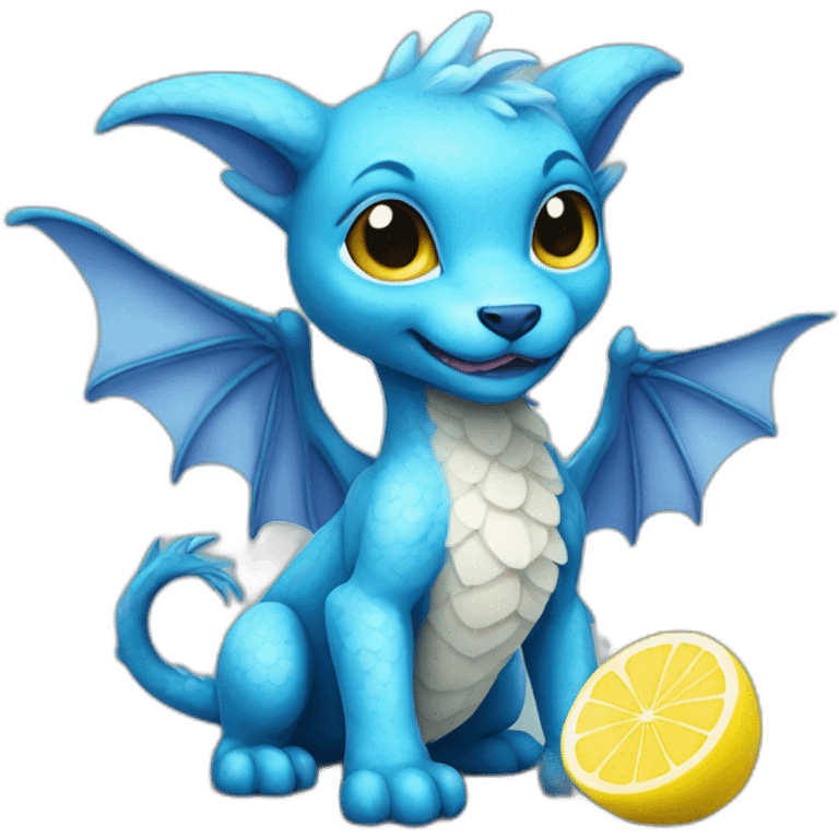 Blue dragon puppy with wings holding a lemon emoji