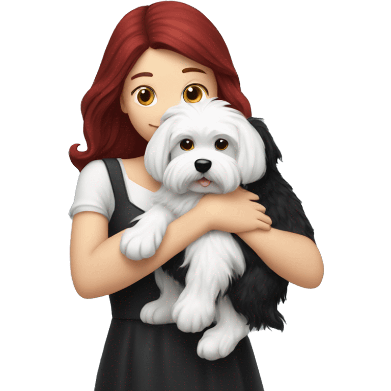 Dark red hair girl hugs  her maltese black dog emoji