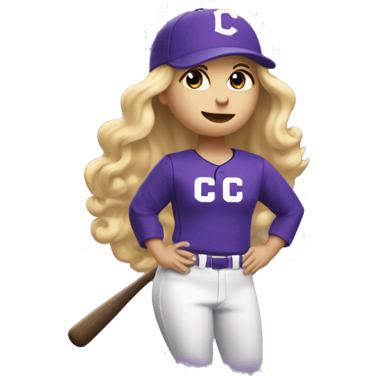 baseball card character. white female. long blonde hair. letter C logo. Purple and white uniform.  emoji