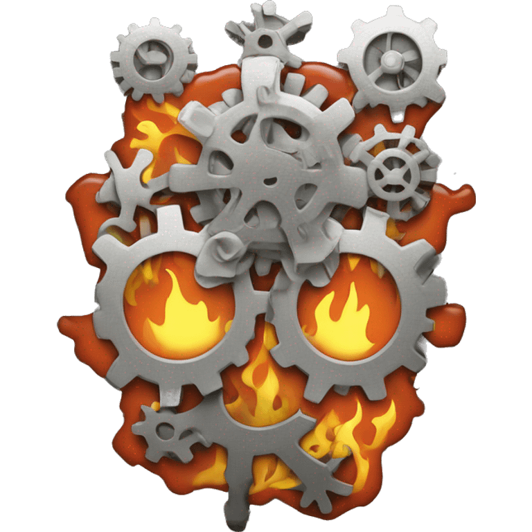 A bare brain made out of gears with flames licking out from between the gears emoji