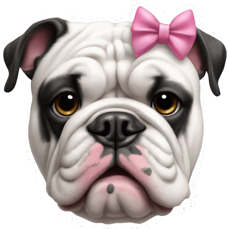 English bulldog that is black and white with a pink bow emoji