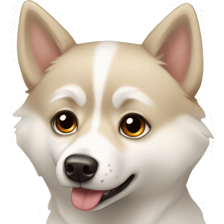 A white and beige pomsky dog with black eyes emoji