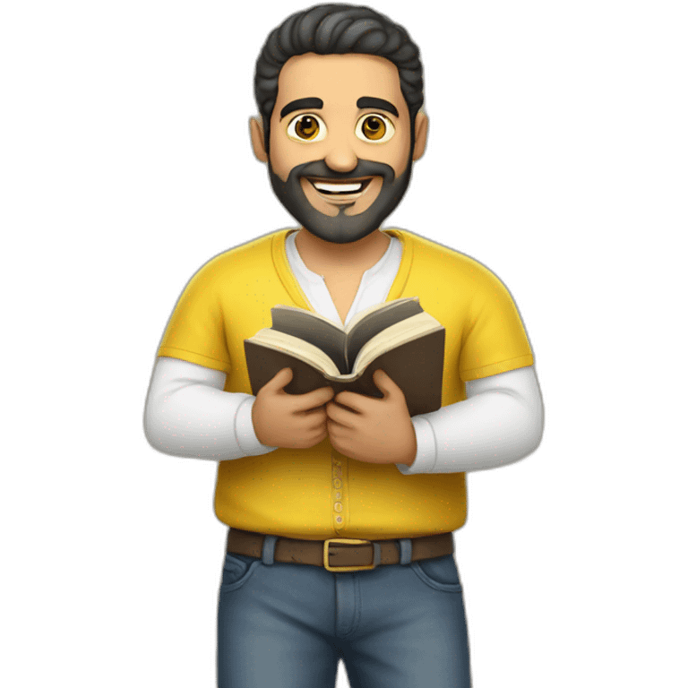 Armenian men with the yellow clothes reading book and looking at camera and smiling  emoji