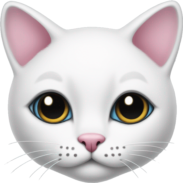 White cat with black spots, a pink nose, and a clipped ear emoji