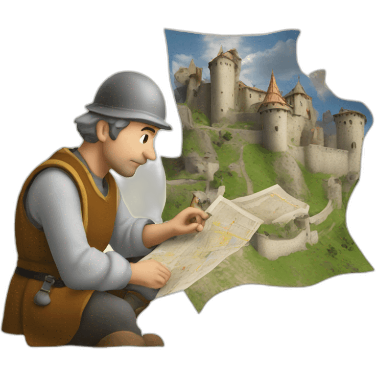 medieval architect in action, thinking over a map of a building emoji