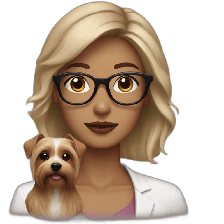 White woman, hair dark medium, pink lips, brown glasses, with dog yorkshire emoji