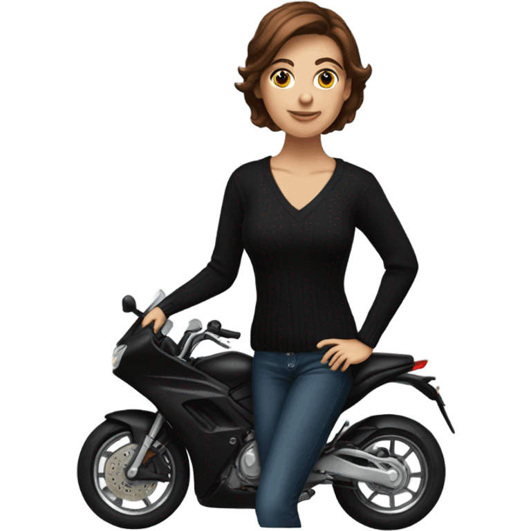 Beautiful woman with short brown hair in black V-neck sweater sitting on motorcycle emoji