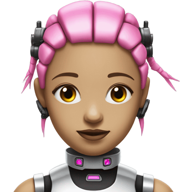 cyborg girl, pink hair, robot body, gynoid, twintails, cyberpunk, black collar, hair not braided emoji