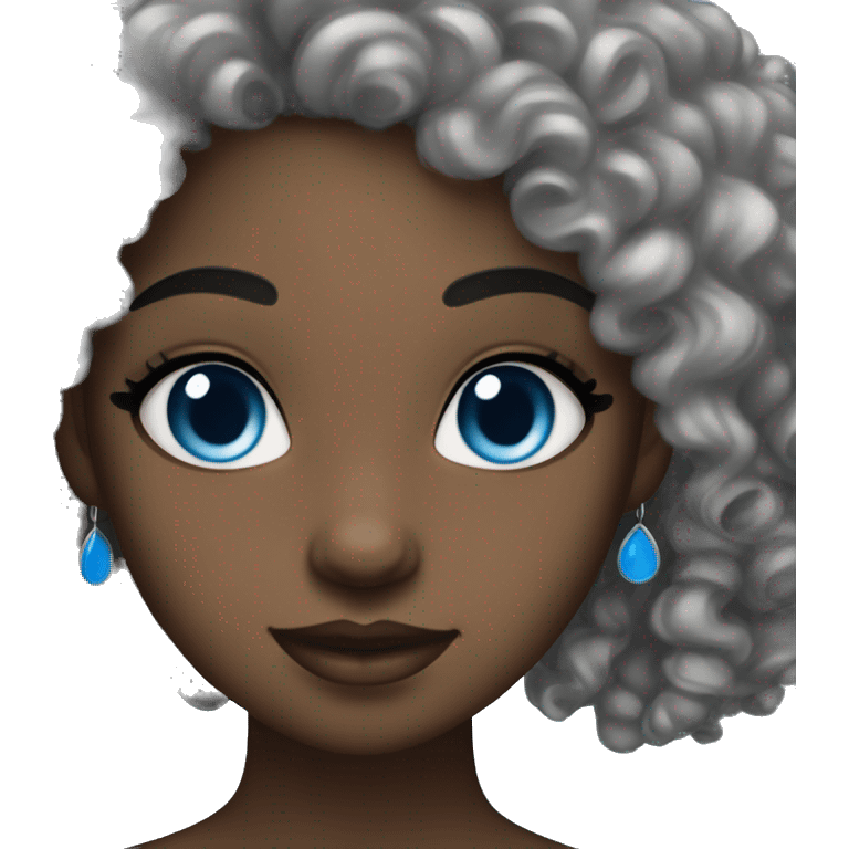 A Black girl, blue eyes, black curly hair, A nose ring, Earrings. emoji