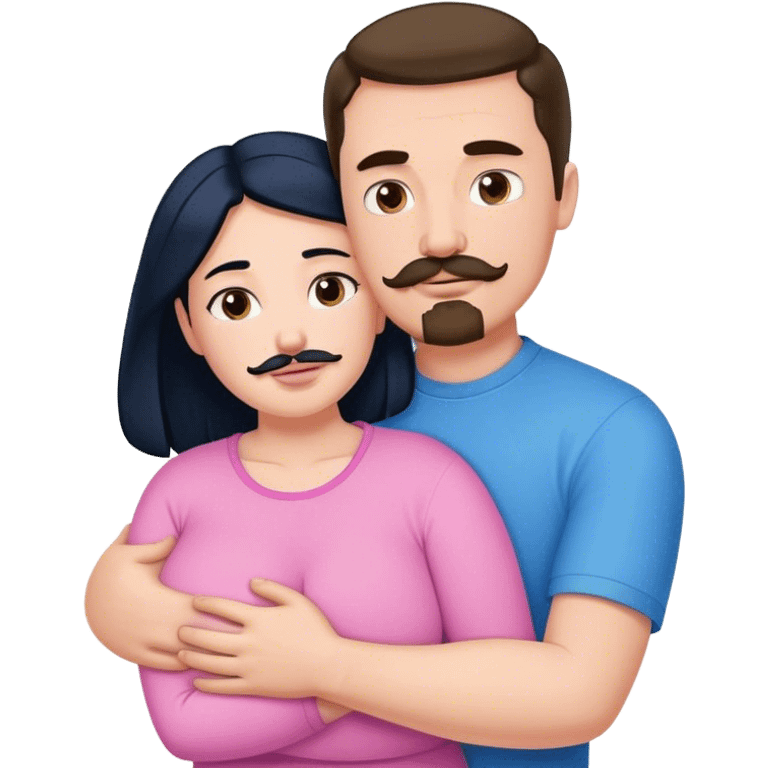 Tall strong white man with brown mustache goatee wearing blue hugging a chubby short pale woman with long black hair wearing pink emoji