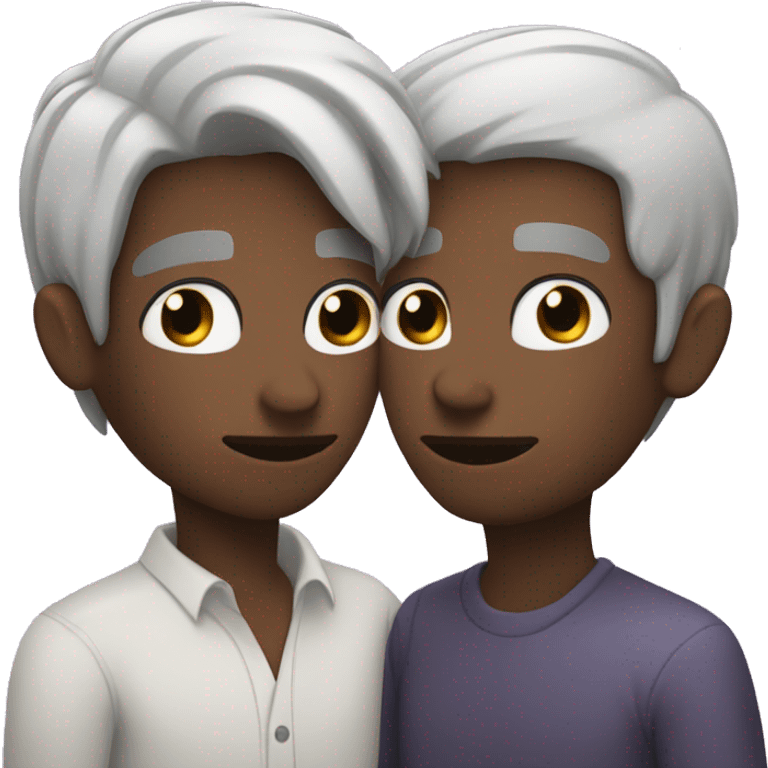 Two men kissing, one of the white with lavender hair and the other person is black with black hair  emoji