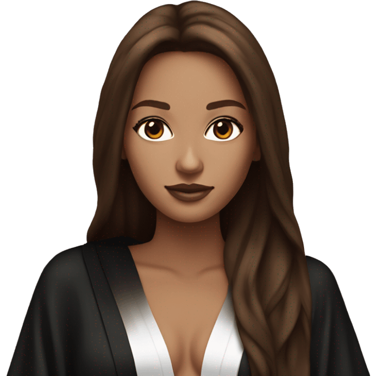 White skin victoria secret girl with brown long hair in black robe  emoji