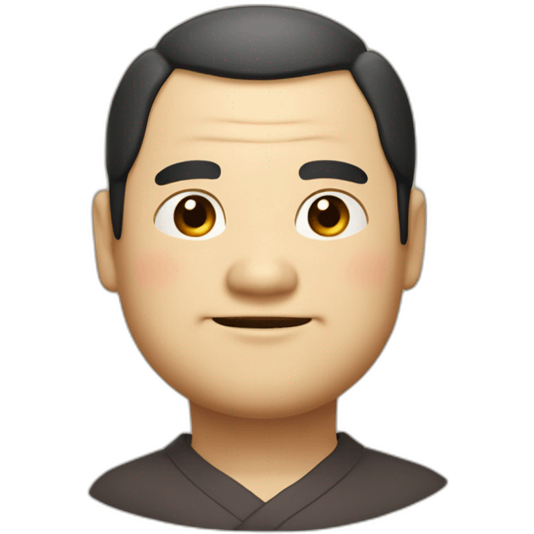 Japanese uncle with a fat round face, slightly droopy eyes and eyebrows, thick lips, large head, dark brown hair, smiling with a pencil emoji