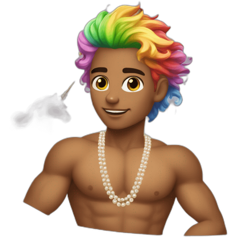 posh-muscle-boy-with-pearl-necklace-and-rainbow-unicorn-hair-in-golden-bathtub emoji