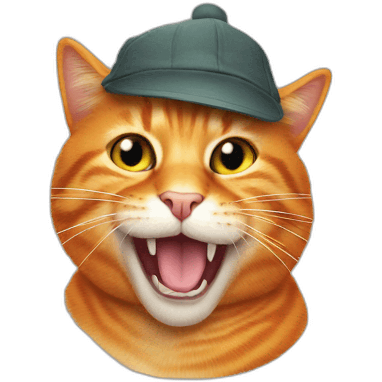 orange cat with one teeth out and an orange hat emoji