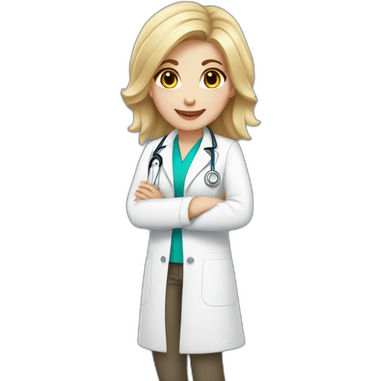 Blonde beautiful doctor, dark hair lights, white doctor coat, happy emoji