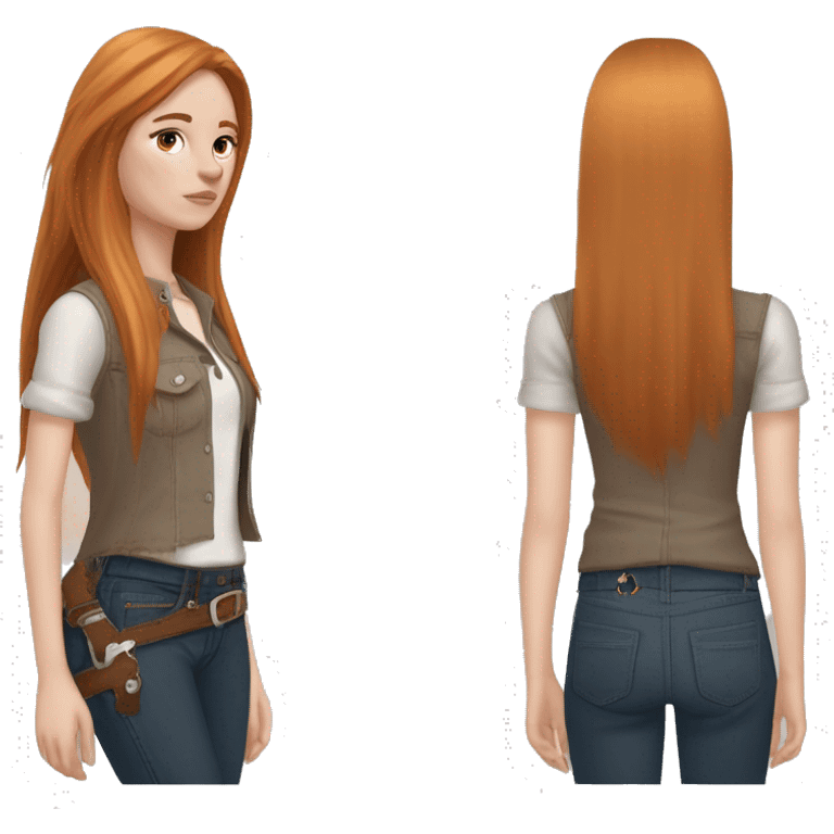 White fair skin, long hair, woman, feminine, straight hair in a wolf haircut, ginger coloured hair, grundge aesthetic, beautiful face, British, stylist, aesthetic, side bangs, front bangs, teen, full body, slim, she’s wearing a cowboy outfit emoji