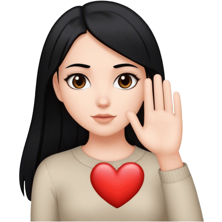 Chica blanca con cabello negro liso rizado y ojo marrones oscuros formando un corazón emoji