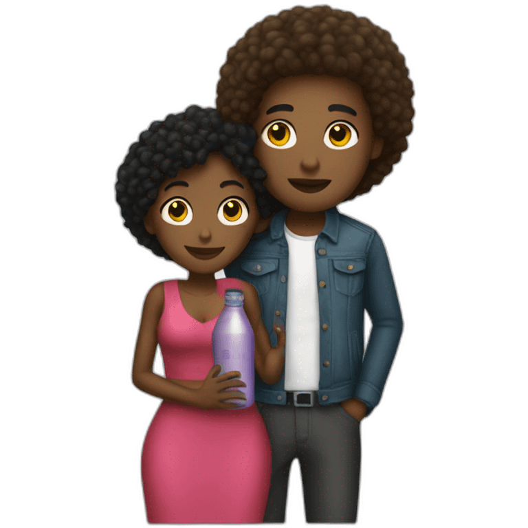 light skin man with bottle, hugging short darkskin woman in designer clothes emoji