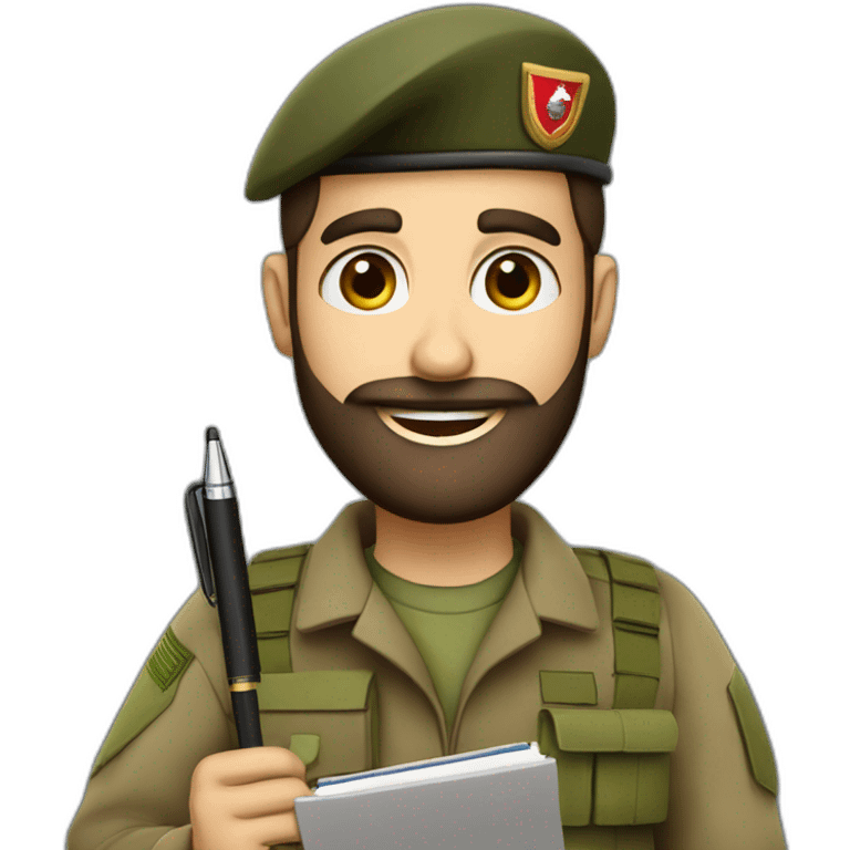 brown bearded IDF soldier happy holding notebook and pen emoji