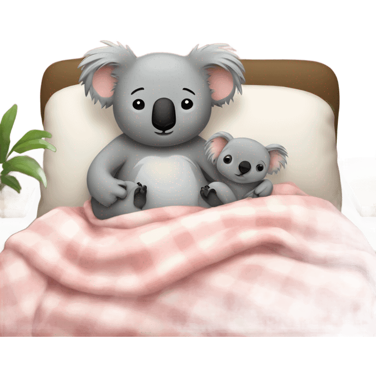 A koala and a woman sleeping on a couch under a blanket with pillows emoji