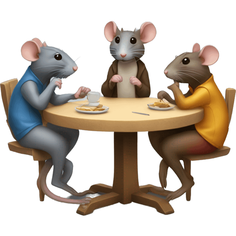 Three differently colored rats are sitting around a round table and whispering emoji