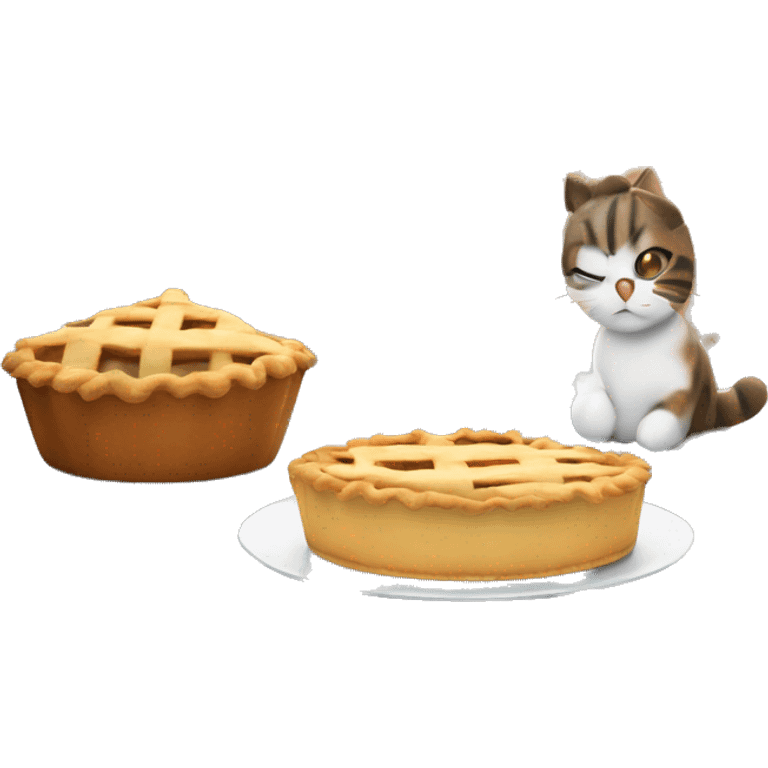 Make a cozy kitchen-themed emoji of a homemade pie cooling on a window ledge, with a friendly cat sitting nearby, looking at the pie emoji