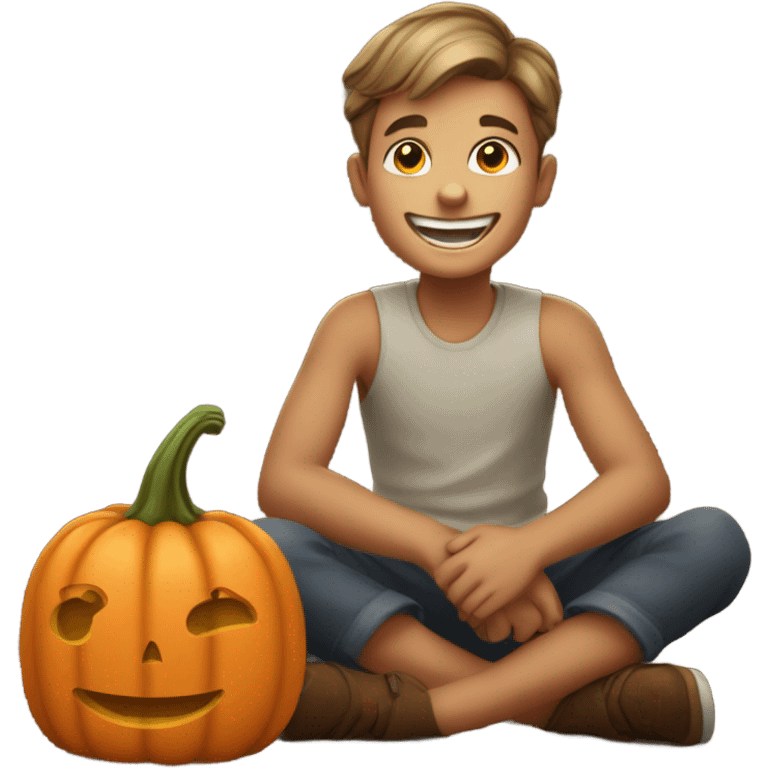 boy sitting with pumpkin smile emoji