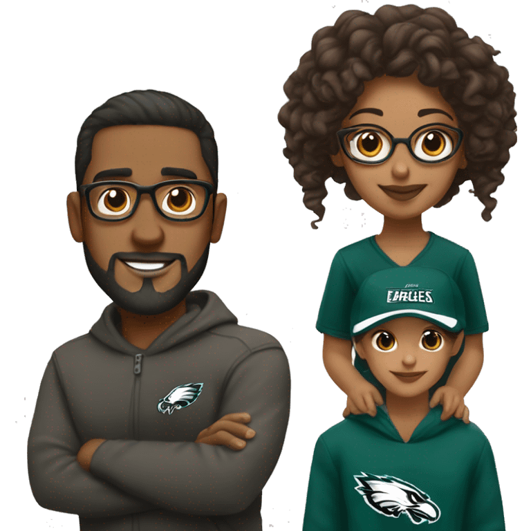 Brown guy with no glasses with a beard and mustache holding a brown girl wearing glasses and hair in a bun wearing Philadelphia eagles clothing emoji