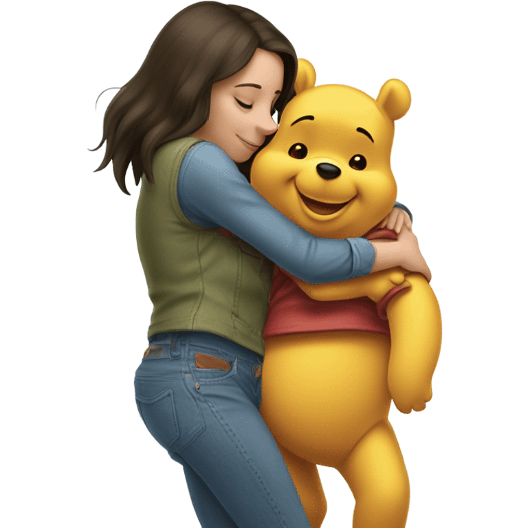 Winne the Pooh hugging pretty brunette girl wearing jeans emoji